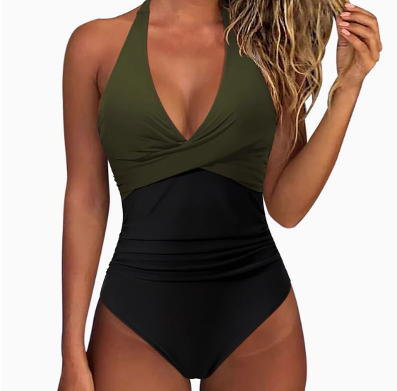 Drune | Criss Cross Badeanzug Damen Hochgeschlossener Einteiler Bauchkontrolle Badeanzug Leopard