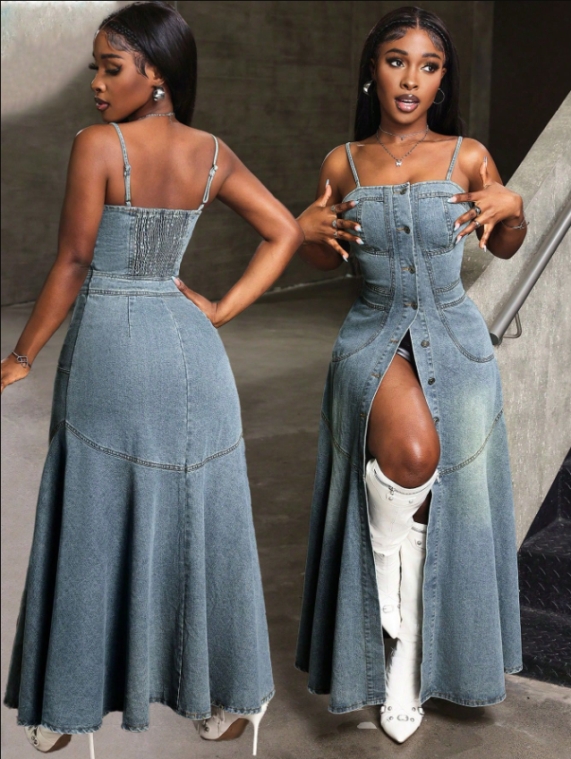 Drune | Vintage Denim Spaghettiträgerkleid mit Quadratischem Kragen