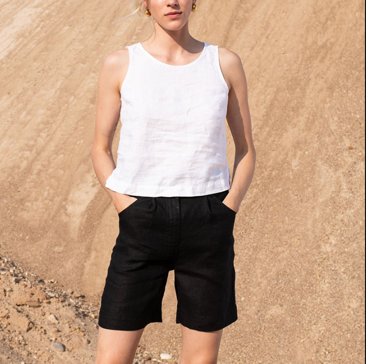 Damen lässiges Crop-Top aus hochwertigem Leinen mit geometrischem Schnitt und lockerer Passform Drune
