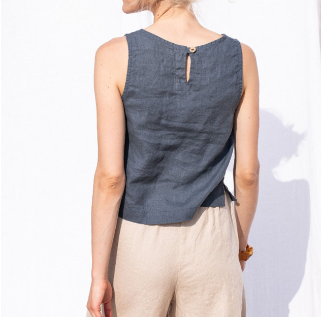 Damen lässiges Crop-Top aus hochwertigem Leinen mit geometrischem Schnitt und lockerer Passform Drune