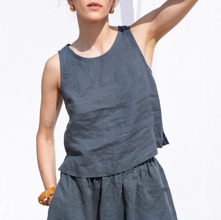 Damen lässiges Crop-Top aus hochwertigem Leinen mit geometrischem Schnitt und lockerer Passform Drune