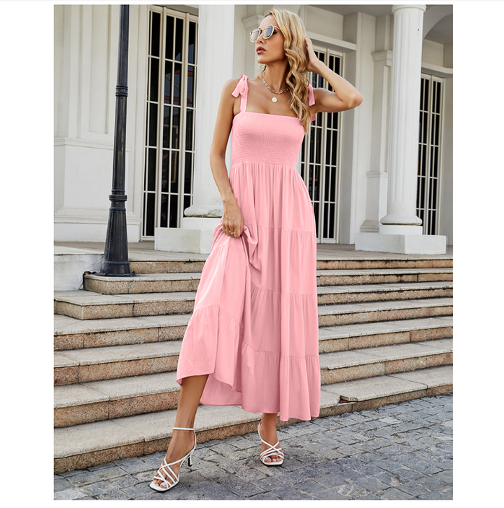 Damen Bodenlanges Rüschen-Maxikleid mit schulterfreiem Schnitt und fließendem Material Drune