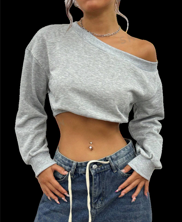 Damen lässiger cropped Pullover mit asymmetrischem Ausschnitt Drune