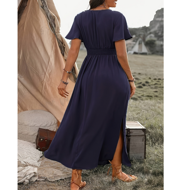 Damen Elegantes Maxikleid mit Wickeloptik und Puffärmeln Drune