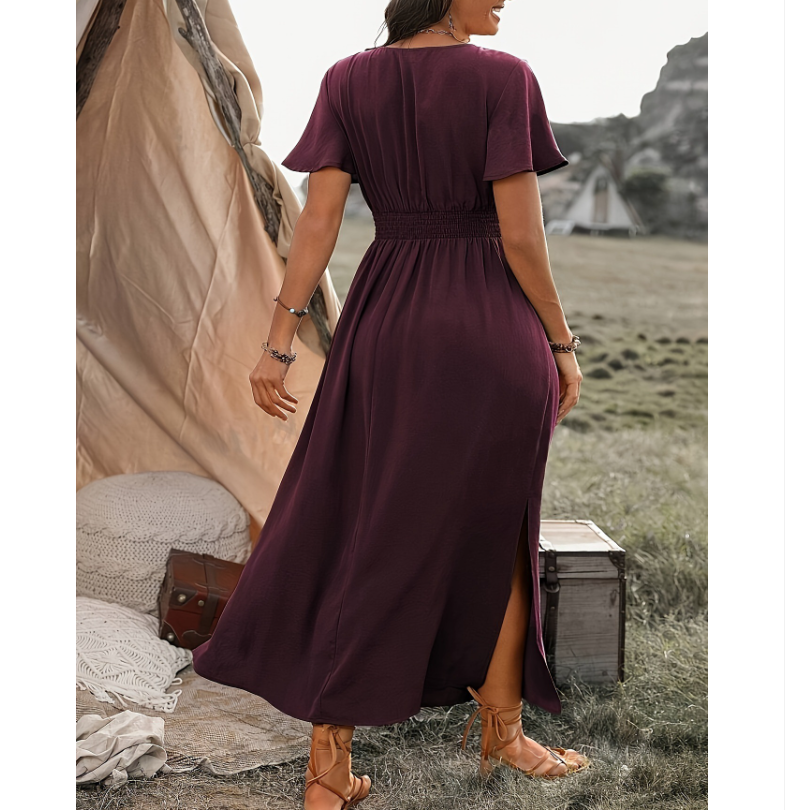 Damen Elegantes Maxikleid mit Wickeloptik und Puffärmeln Drune