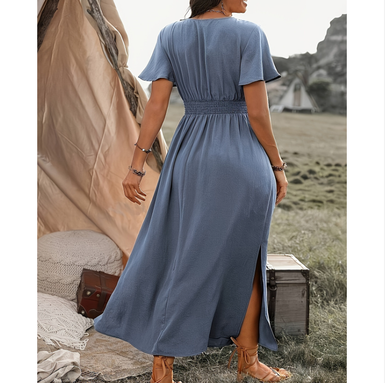 Damen Elegantes Maxikleid mit Wickeloptik und Puffärmeln Drune