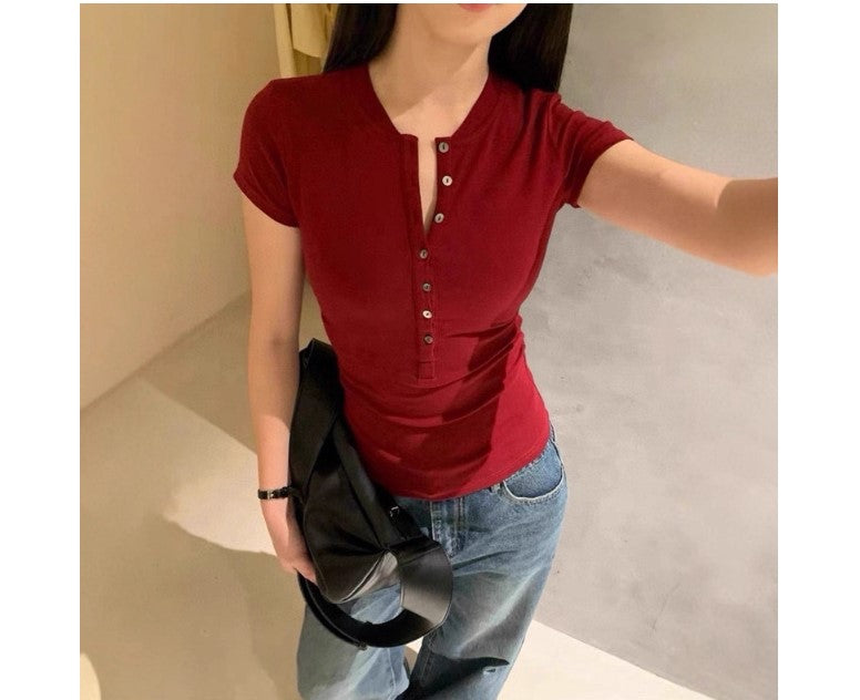 Damen figurbetontes Cropped T-Shirt mit kurzem Arm und Knopfleiste Drune