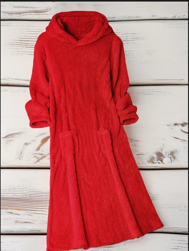 Damen Kuscheliger Fleece-Kleid mit Kapuze und praktischen Taschen Drune