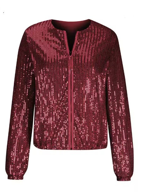 Damen Glamouröse Paillettenjacke mit durchgehendem Reißverschluss und langem Arm Drune