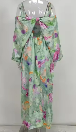Drune | Farbenfrohes, Sexy Maxikleid mit Halo-Färbedruck und Abnehmbarem Schal