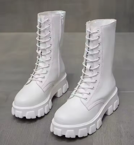Drune | Moderne Schnürverschluss Reißverschluss Seiten Profilsohle Chunky Heel Stiefel Bis Zur Wade