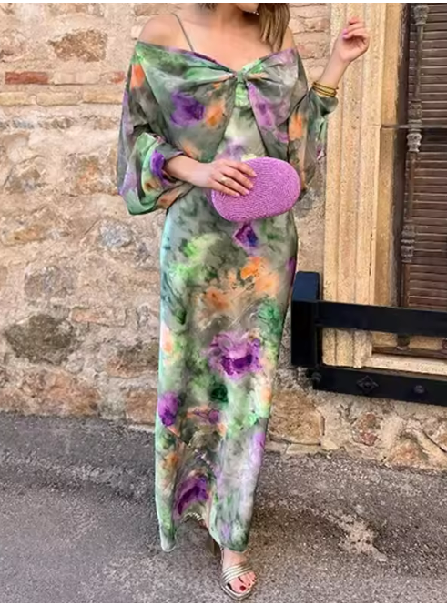 Drune | Farbenfrohes, Sexy Maxikleid mit Halo-Färbedruck und Abnehmbarem Schal