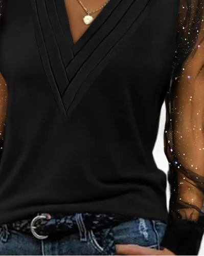 Drune | Transparentes, Glitzerndes Mesh-Top mit V-Ausschnitt