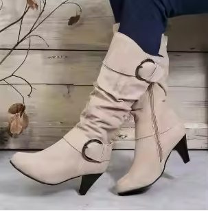 Drune | Damen Knielange Stiefel mit Reißverschluss und Schnalle Stilvolle Hohe Stiefel