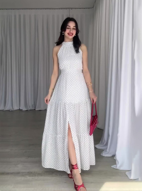 Damen Maxikleid mit Punkten und verstellbarem Bindegürtel Drune