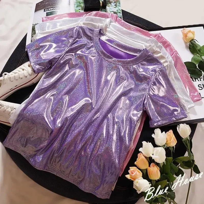 Drune | S 5Xl Damen Funkelnd Shiny Metallisch Holografisch Rundhals Kurzarm Lässig Lose Top Festival Party T-Shirt Damenbekleidung