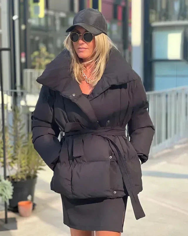 Drune | jack mit Gürtel für Damen - warmer brauner Jacke mit oversized Kragen