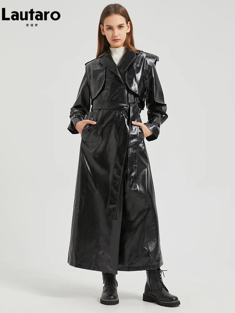 Drune | Lautaro Herbst Extra Lange Gold Glänzend Patent Pu Leder Trenchcoat für Frauen Einfache Schnalle Luxus Designer Übermantel