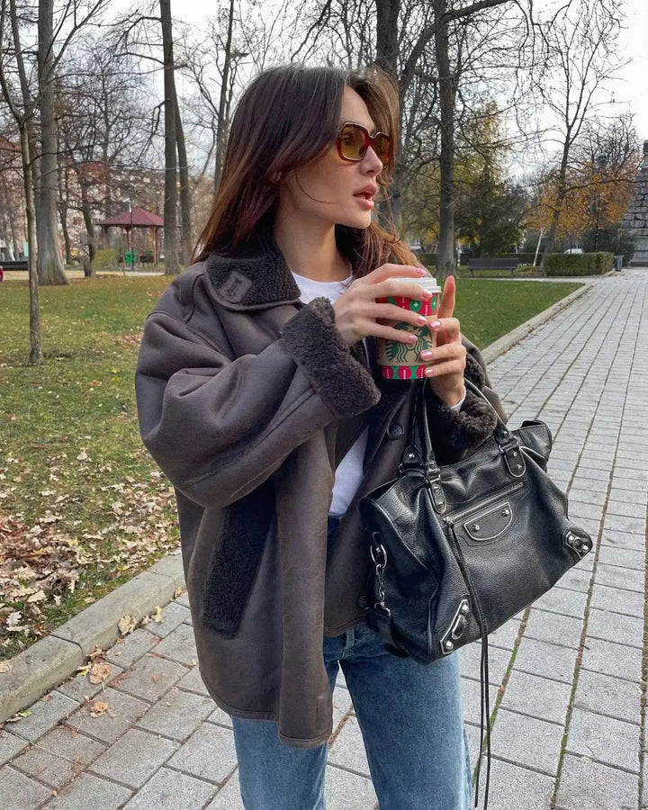 Drune | Warme PU-Jacke mit Taschen für Frauen