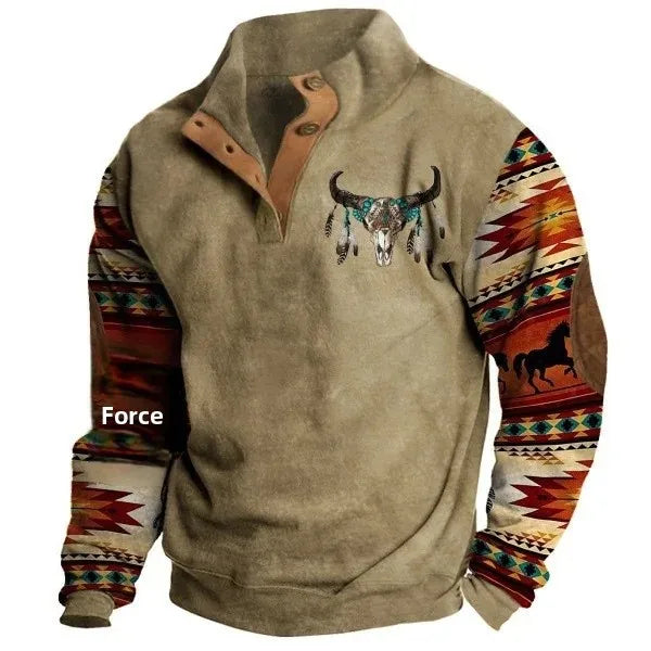 Drune | Vintage Western Sweatshirt mit Ethno-Muster und Stehkragen - Freizeitpullover