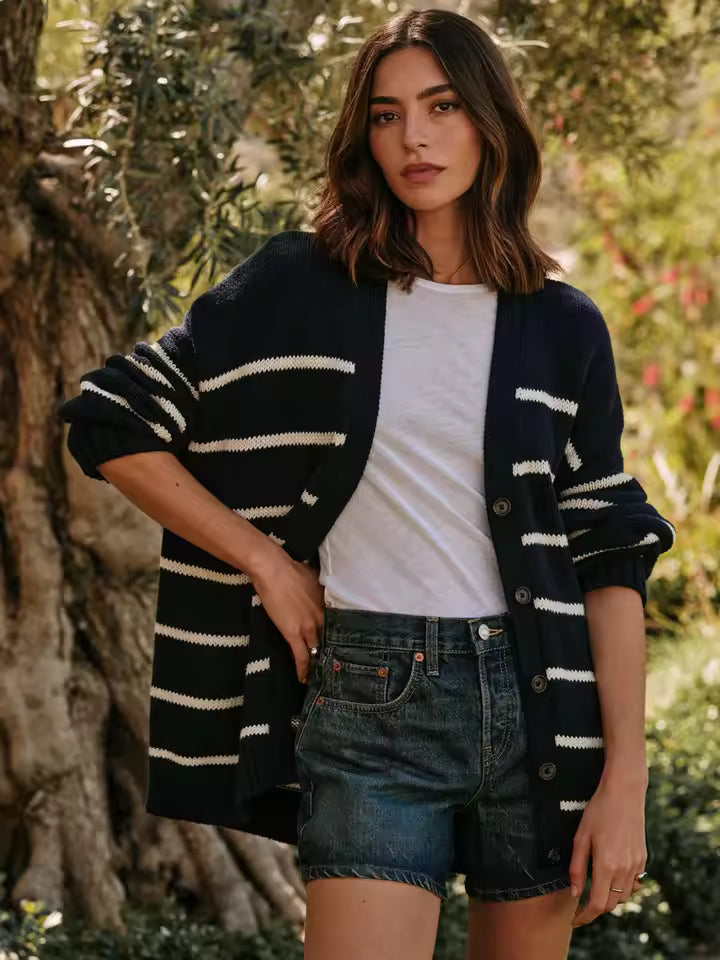 Drune | Übergröße Damen Cardigan mit Streifen und Knöpfen