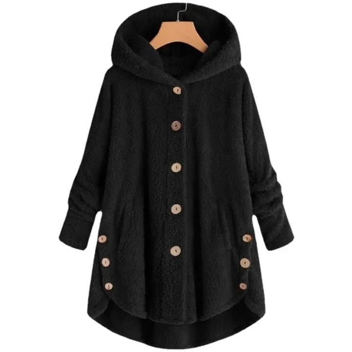 Drune | Fleecejacke Relaxed Fit mit Kapuze Knopfverschluss Extralang Hinten