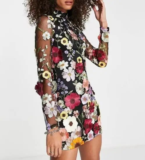 Drune | 3D gesticktes Mesh-Kleid mit Blumen für Damen