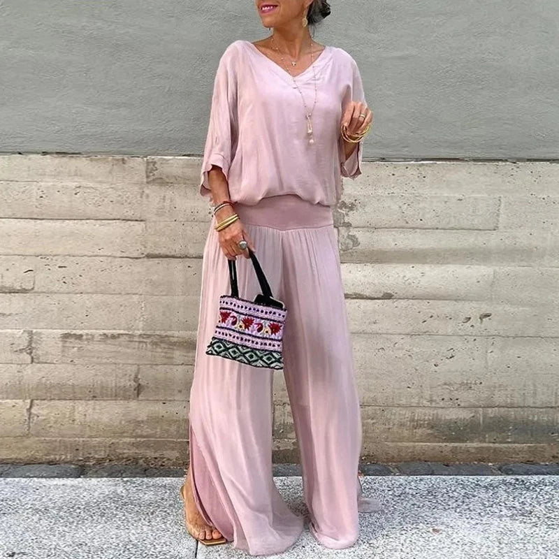 Drune | Elegantes Zweiteiliges Set Aus Chiffonoberteil Und Hose Mit Weitem Bein