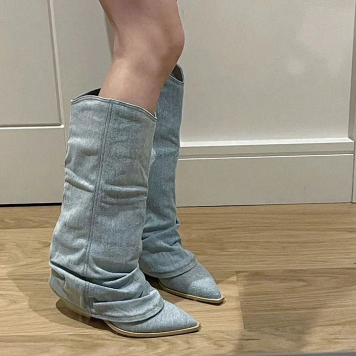 Drune | Denim Knie Stiefel