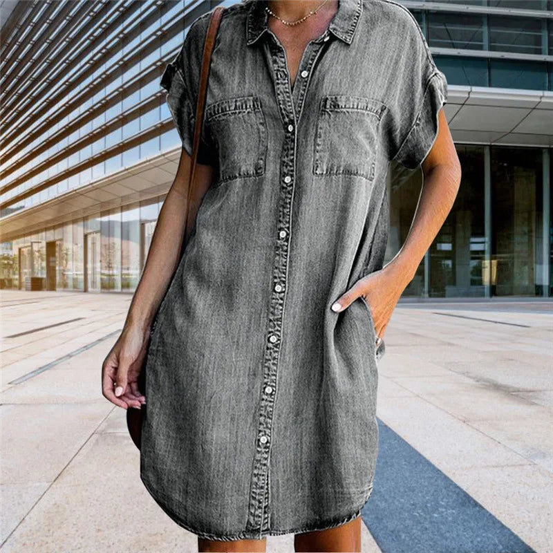 Drune | Lässiges Kurzärmeliges Mini Sommerkleid Aus Denim Für Damen Mit Knöpfen