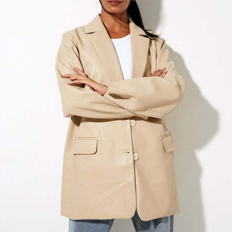 Drune | Damenblazer mit PU-Leder und Knopfverschluss