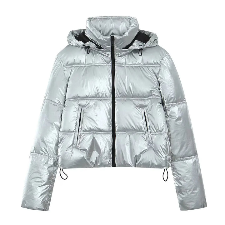 Drune | Kurz geschnittene metallische gesteppte Winterjacke mit hohem Kragen