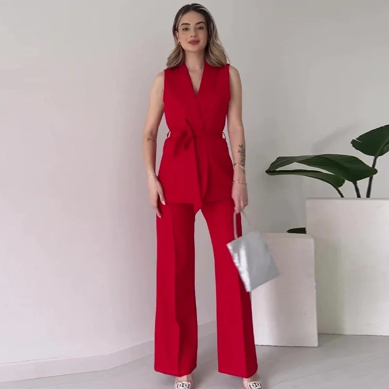 Drune | Ärmelloser Blazer-Anzug Taillierte Passform Wickel-V-Ausschnitt Weite Hose