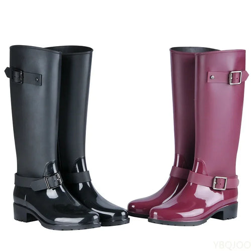 Drune | Damen wasserdichte knielange Gummistiefel mit Schnallen & Blockabsätzen