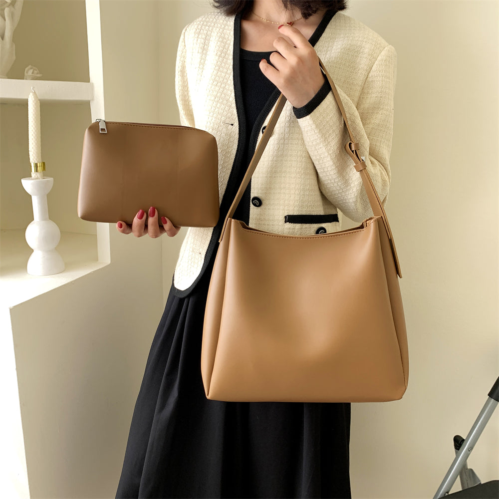 Drune Hochwertige Damen Shopper Große Kapazität Schultertasche Reine Farbe Breiter Riemen Weiches PU-Leder