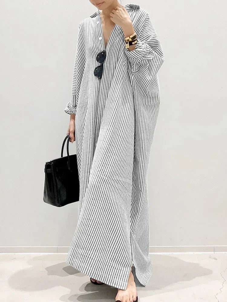Drune Gestreiftes Kleid | Lässiges oversized Maxi-Kleid mit langen Ärmeln für Damen