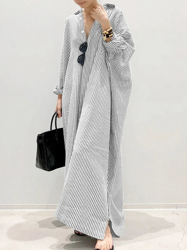 Drune Gestreiftes Kleid | Lässiges oversized Maxi-Kleid mit langen Ärmeln für Damen