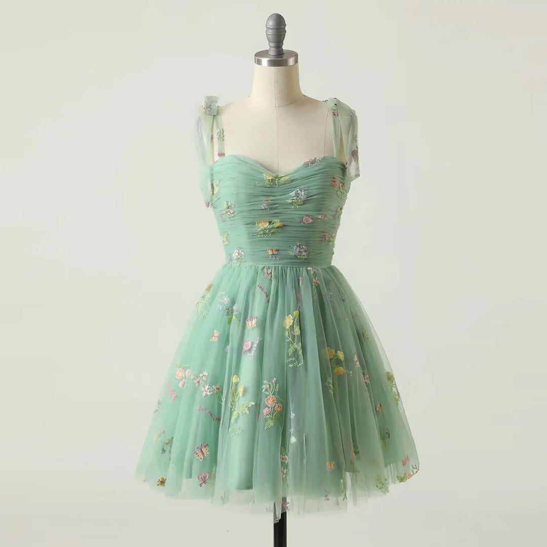 Drune | Fairy Forest Green Kurze Prom Kleider Spaghetti-Träger Bunte Blumen Spitze Abend Feier