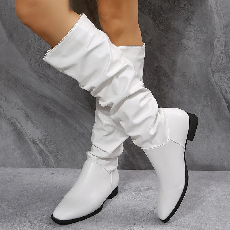 Drune | Knielange Punk-Stil Falten Pu-Leder Stiefel