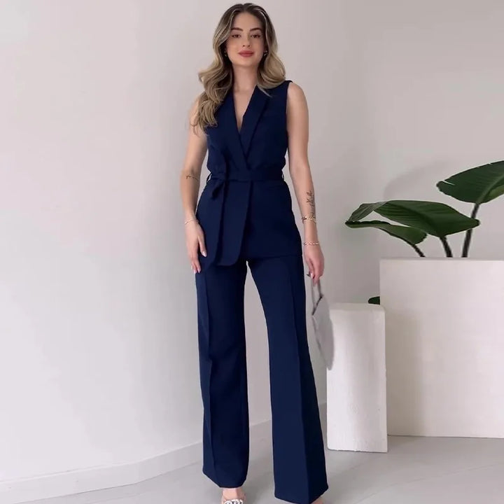 Drune | Ärmelloser Blazer-Anzug Taillierte Passform Wickel-V-Ausschnitt Weite Hose