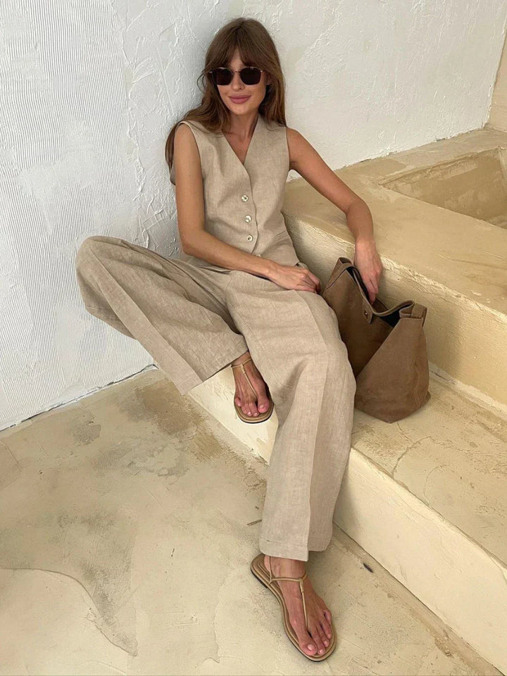 Drune | Wollgefühl Frauen Leinen Baumwolle Schick Weste ＆ Hosen Set Zweiteiliges Set Büro Damen Sommer Schick 2 Teiliges Set Damen Outfits