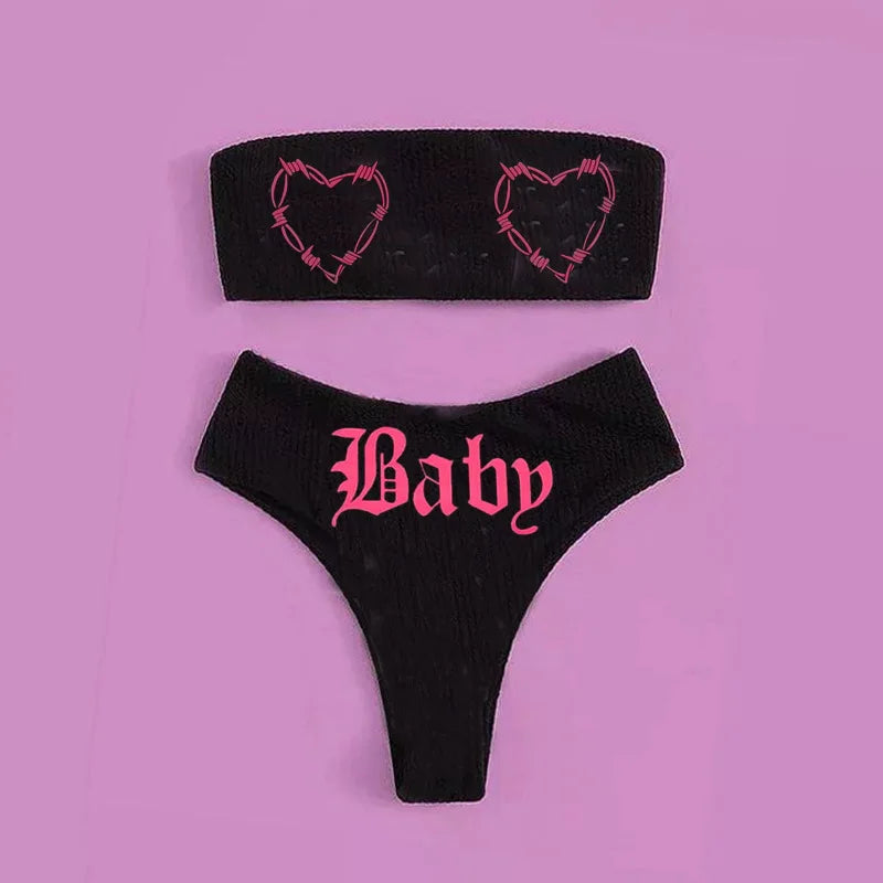 Drune | Sexy Goth Bikini Frauen Buchstaben Totenkopf Druck Badeanzug Split Badeanzug Hohe Taille Gotische Bikini Set Strandoutfits