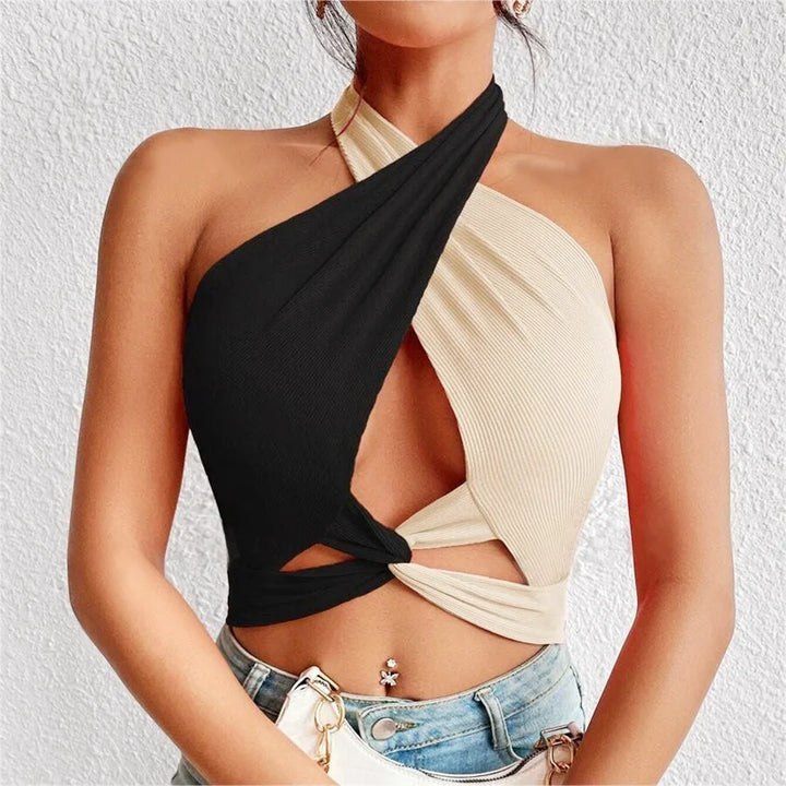 Drune | Frauen Sommer Tank Tops Sexy Patchwork Cross Halterneck Träger Loch Crop Tops Hoch Street Wear Neue Mode