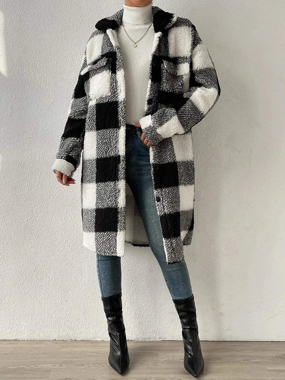 Drune | Langer kariert Fleece-Mantel