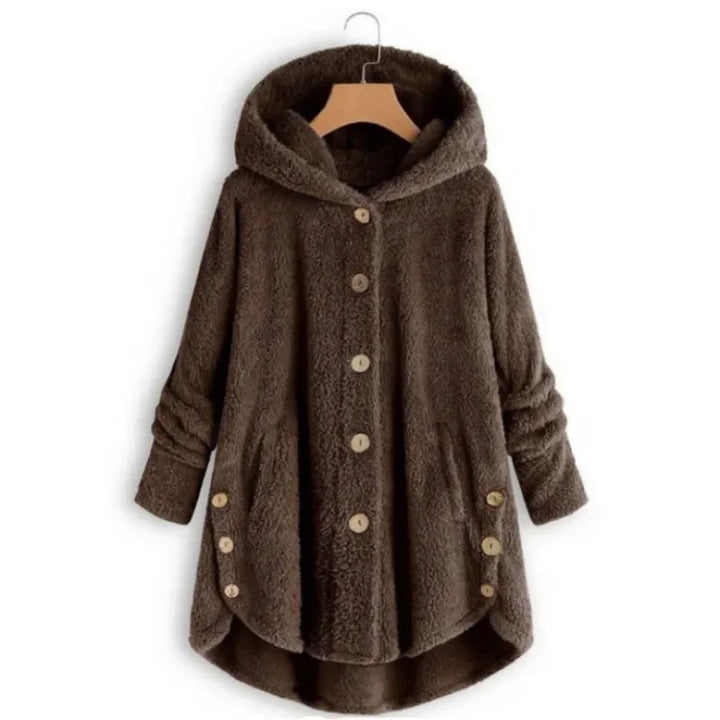 Drune | Fleecejacke Relaxed Fit mit Kapuze Knopfverschluss Extralang Hinten