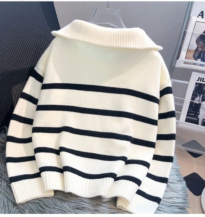 Drune | Strickpullover - Halb Reißverschluss - Weich und Warm - Gestreiftes Design - Gerippte Kanten