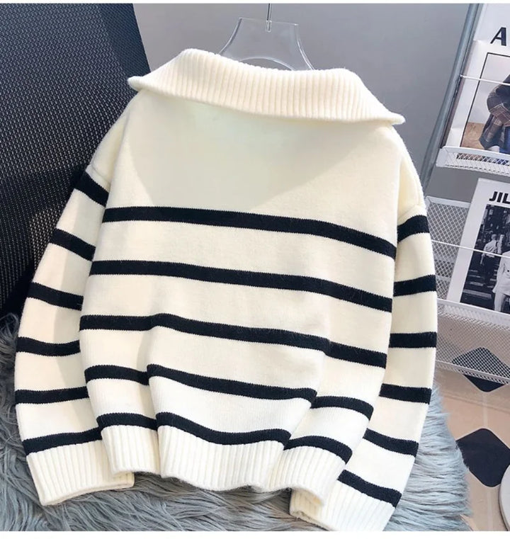 Drune | Strickpullover - Halb Reißverschluss - Weich und Warm - Gestreiftes Design - Gerippte Kanten