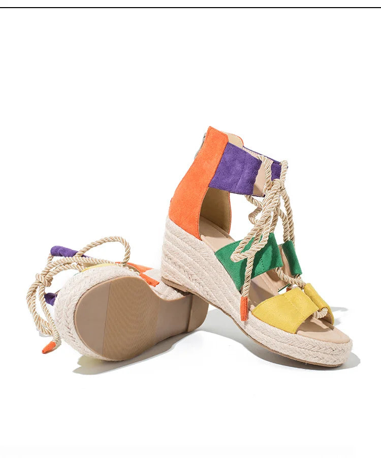 Drune | Sommer Damen Sandalen, Hanfseil Riemen Sandalen, Große Sandalen mit Dickem Absatz