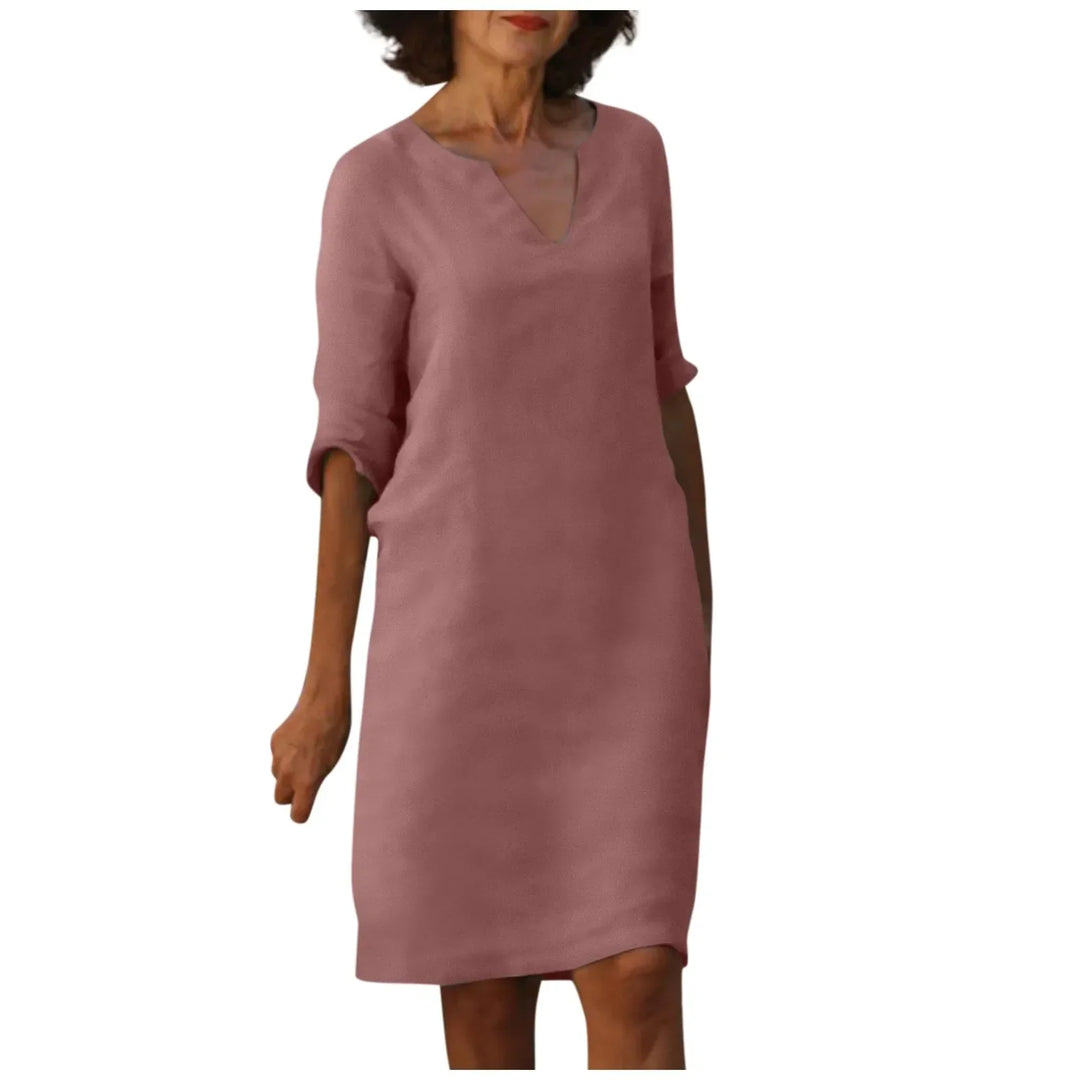 Drune | Damen Baumwoll Leinen V-Ausschnitt Kleid Mit Halben Ärmeln