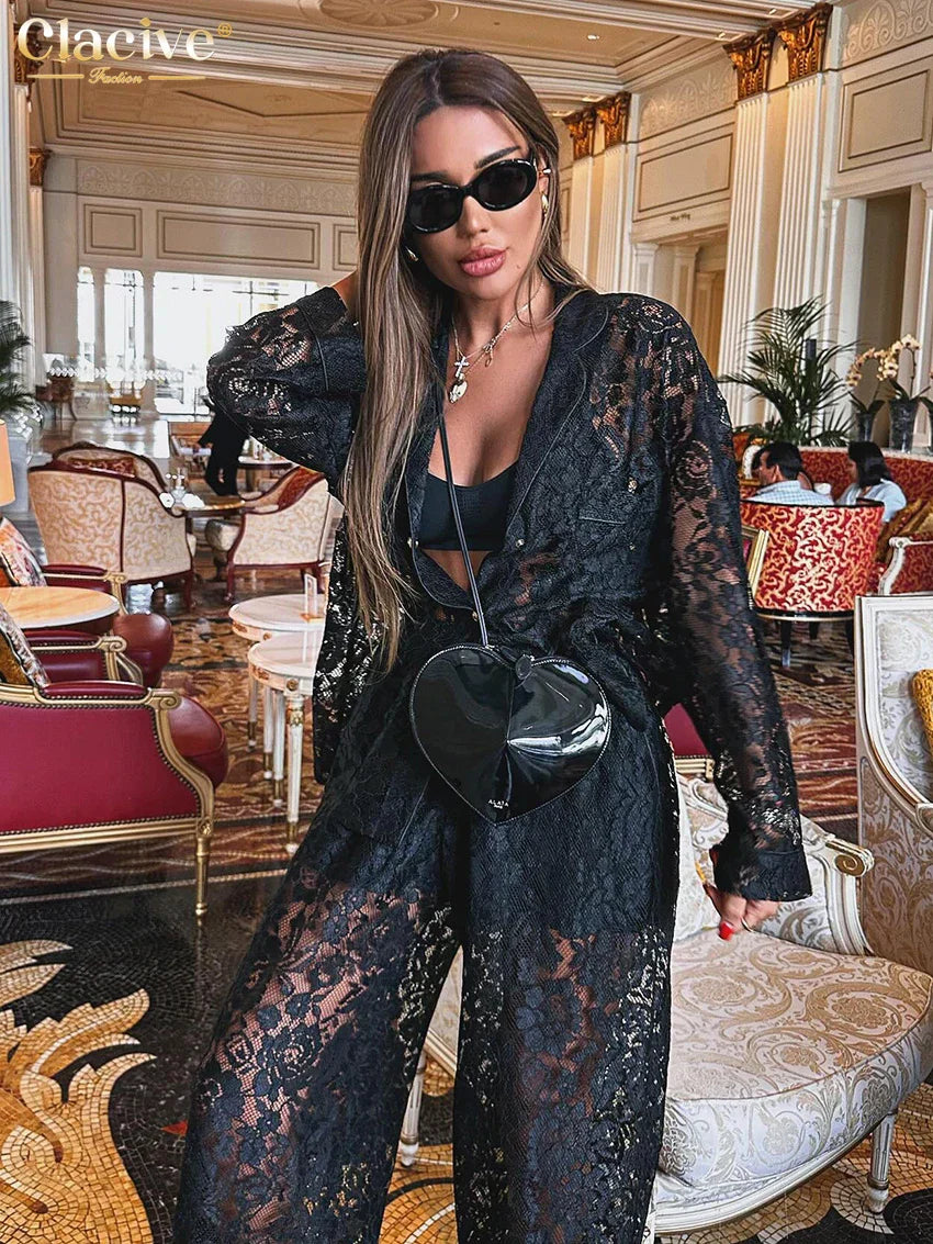 Drune | Clacive Sexy Loose Schwarze Spitze Transparente Hosen Set Frauen 2 Stück Mode Langarm Shirt mit Hoher Taille Breite Hosen Set